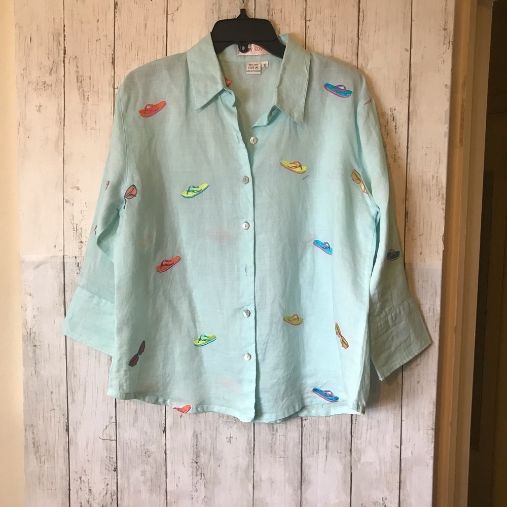 Vintage Casey Coleman Flip Flop Sandal Beach Overall Print Green Button Up Shirt